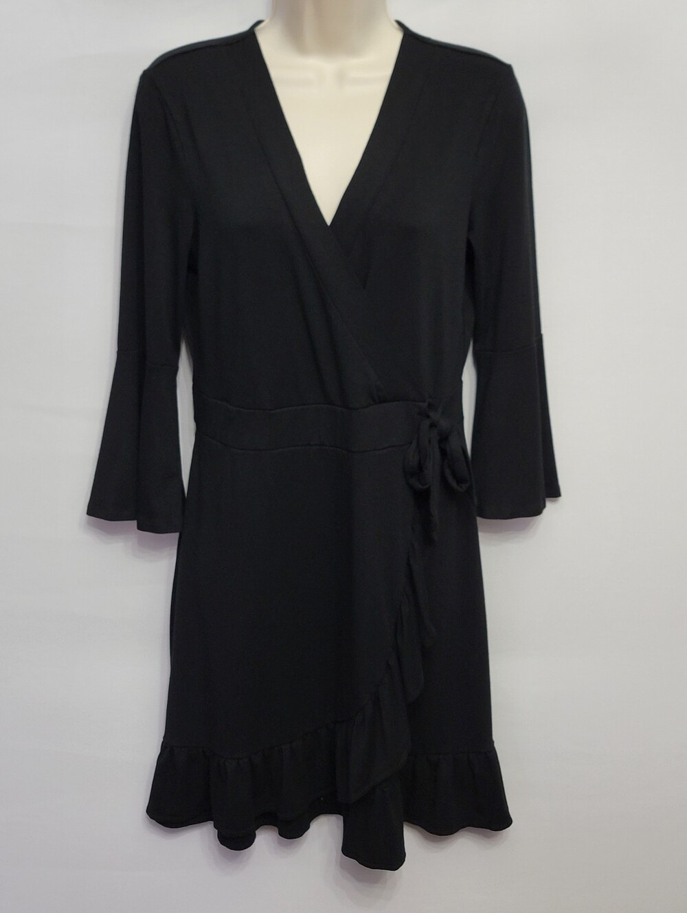 Black Wrap Dress • Size S • 3/4 Sleeve Ruffle Hem